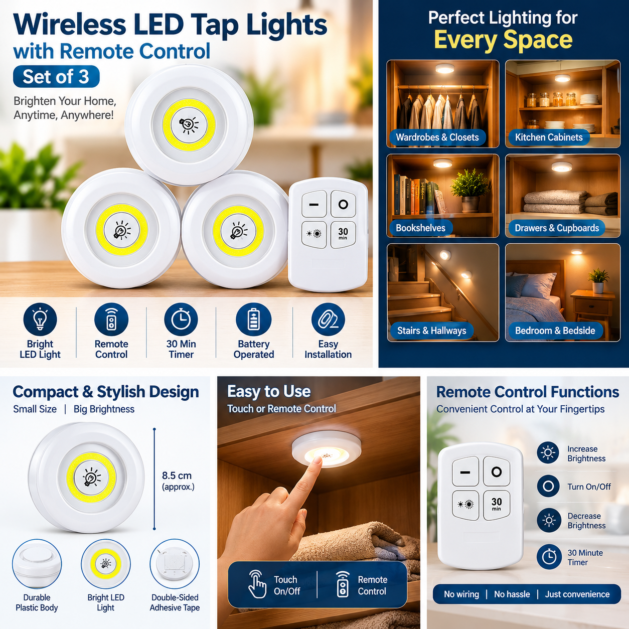 Wireless LED Tap Lights with Remote Control – Pack of 3 Battery Operated Touch Lights