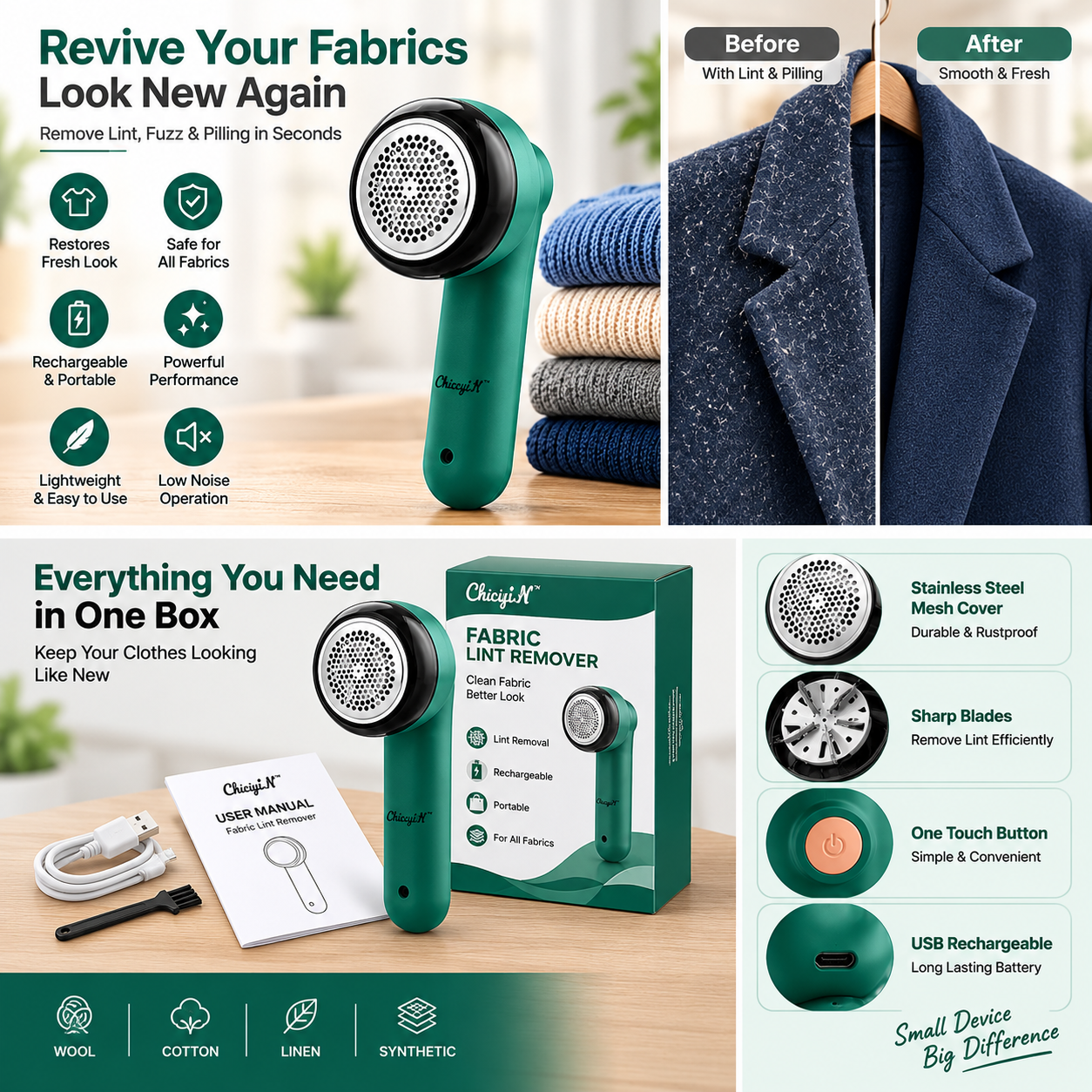 Rechargeable Fabric Lint Remover for Clothes – Portable Electric Fabric Shaver